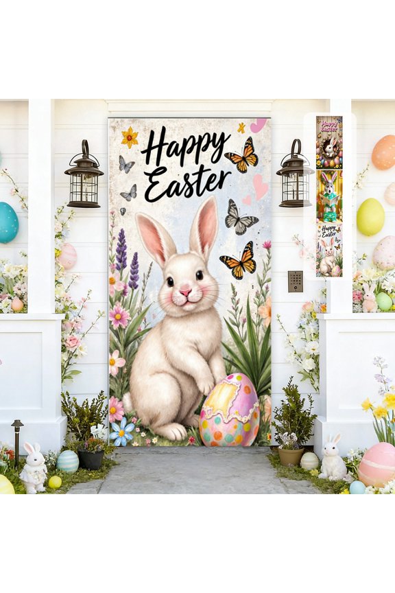 35x71 Inch Happy Easter Door Cover, White Bunny Peeking from Wooden Hole with Eggs Door Banner, Spring Rustic Porch Wall Hanging Decor for Easter Party
