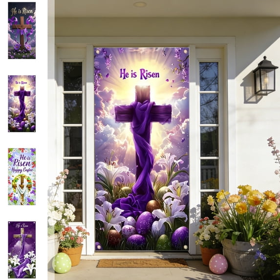 AZXY 35x71 Inch He is Risen Easter Door Cover, Cross with Floral Wreath Door Banner, Spring Religious Porch Wall Hanging Decor for Easter Party