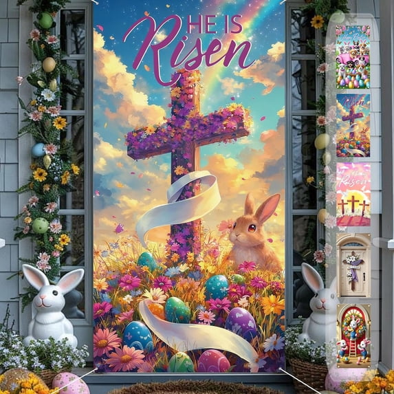 AZXY 35x71 Inch He is Risen Easter Door Cover, Floral Cross with Bunny Door Banner, Spring Religious Porch Wall Hanging Decor for Easter Party