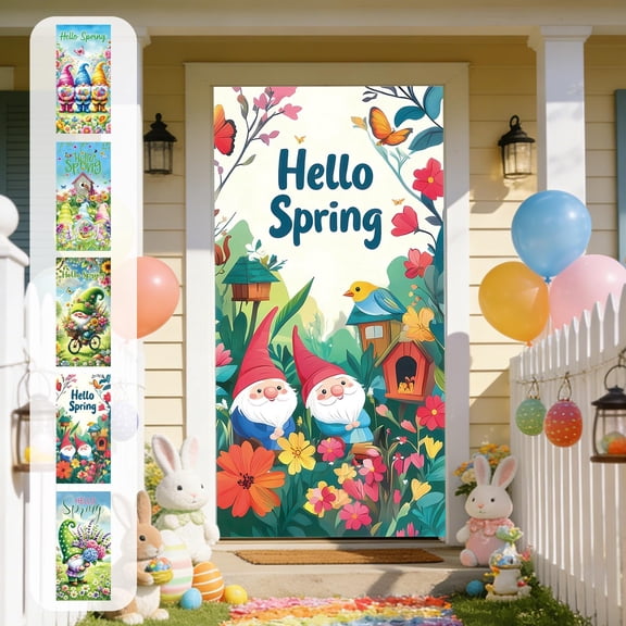 AZXY 35x71 Inch Hello Spring Door Cover, Three Colorful Gnomes Holding Bouquets Door Banner, Spring Vibrant Porch Wall Hanging Decor for Easter Party