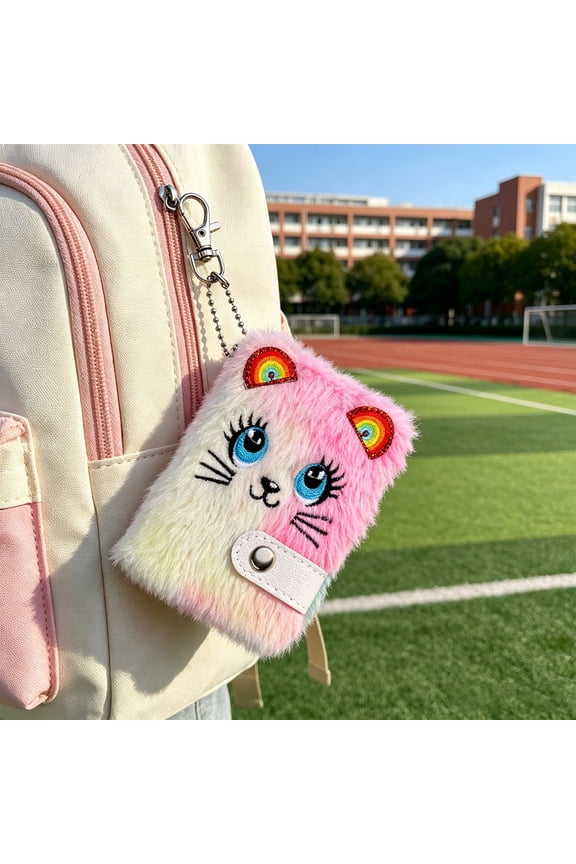 4.72"x3.54" Notebook, Compact Plush Cat Face Mini Journal Notebook With Clip-On Keychain, Snap Strap Blank Page Notepad For Back To Study, Casual Scribbling And Travel Carry Use, Watermelon Red