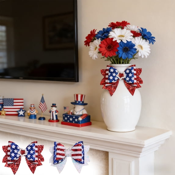 AZXY 4th of July Bows, 3.93" Red White Blue Stars Stripes Patriotic Glitter Bow with Rhinestone Star, Small Patriotic Bows for Gift Wrapping, Independence Day Party Home Decorations