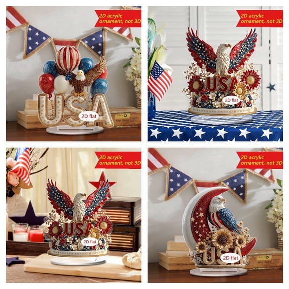 AZXY 4th of July Decorations, Patriotic USA Eagle 2D Acrylic Tabletop Ornament, Independence Day Crescent Moon Sunflower Sign, Red White Blue Freestanding Decor, Holiday Party Centerpiece for Home