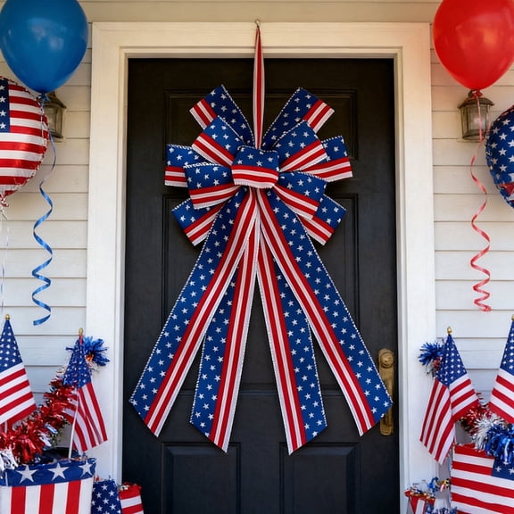 AZXY 4th of July Large Bow, 11.4x20.86" Red White Blue Stars Stripes Patriotic Wreath Bow, Pre-Tied Tree Topper Bow for Independence Day Memorial Day Decorations