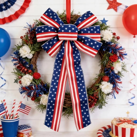 AZXY 4th of July Large Bow, 9.84x22.05" Red White Blue Stars Stripes Patriotic Wired Bow, Pre-Tied Tree Topper for Wreath, Front Door, Fireplace - Independence Day Memorial Day Decor
