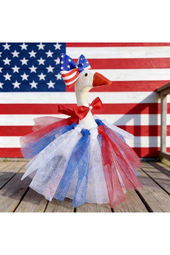 4th of July Mini Desk Goose Outfit Set, USA Flag Bow Headwear & Ribbon Bow with Layered Tulle Skirt, Decor Clothes for 7 Inch Desktop Porch Garden Goose Statue Independence Day Decor