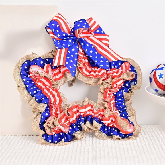 AZXY 4th of July Patriotic Star-Shaped Fabric Wreath with Ruffled Burlap Trim, Red White Blue, for Front Door & Wall, Ideal for Independence Day & Memorial Day Hanging Decor