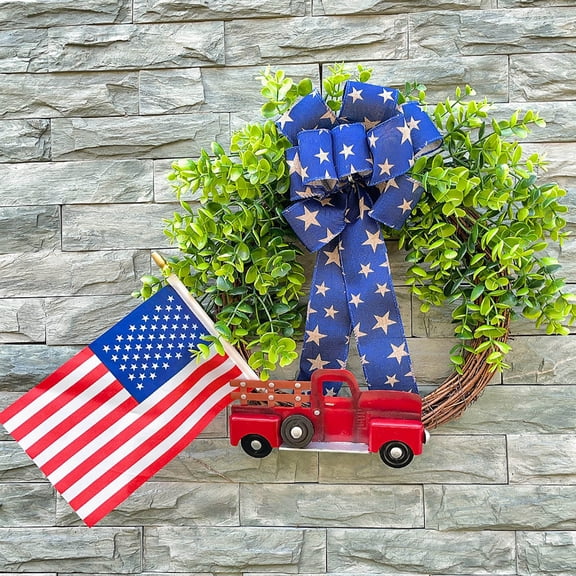 AZXY 4th of July Patriotic Wreath, Greenery Base with Truck & American Flag, for Front Door & Porch Decor, Ideal for Independence Day & Summer Holiday Styling