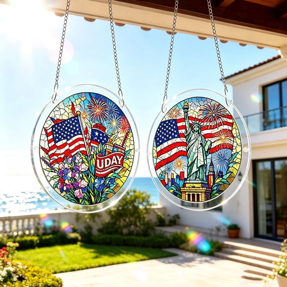 AZXY 4th of July Stained Glass Acrylic Puzzle Suncatcher, Patriotic Independence Day Window Hanging Decorations, Crystal Sun Catcher Indoor Outdoor DIY Craft Ornament Gift for Adults