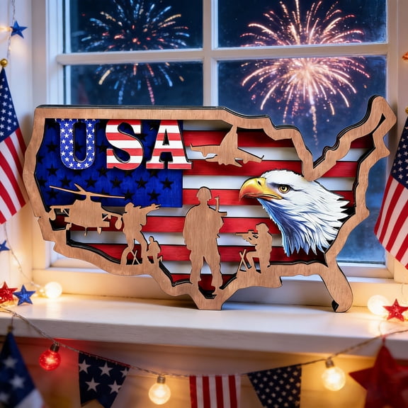 AZXY 4th of July USA Map Patriotic Wooden Ornament Desktop Decor, Multicolor American Flag & Soldier Design, Suitable For Home Office Mantel Tabletop Display