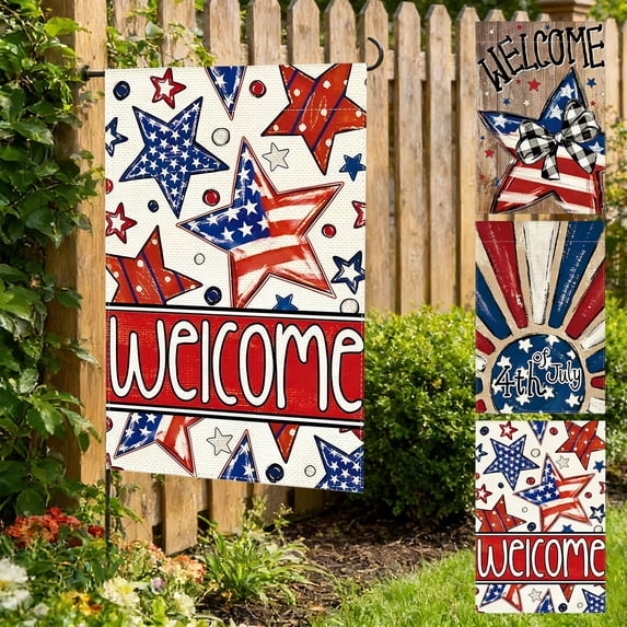 AZXY 4th of July Garden Flag 11.8x17.7 Inch Double Sided Star Bow Welcome Patriotic Outdoor Yard Decorations