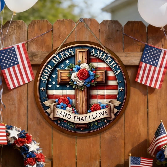 AZXY 4th of July Patriotic Cross Floral Wooden Round Decor, 7.87In Rustic Farmhouse Wall Hanging Board for Independence Day, Living Room, Porch