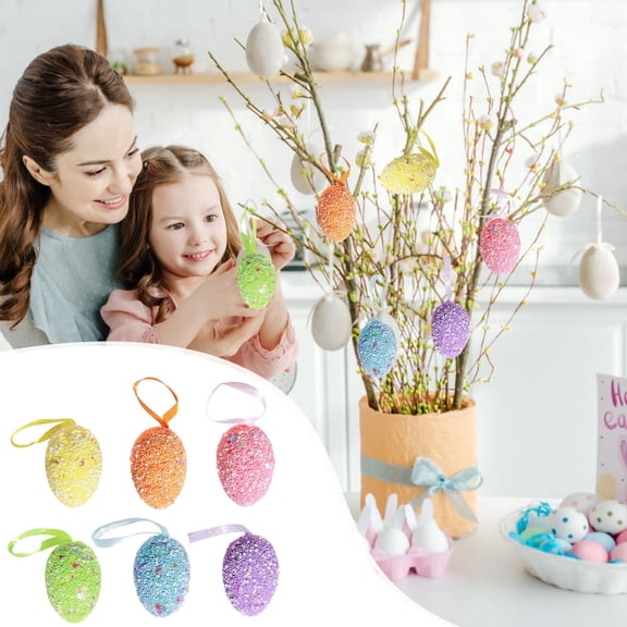 AZXY 6 Pcs Easter Egg Ornaments, 2.36in Multicolored Beaded Easter Ornaments for Tree, Small Miniature Easter Egg Hanging Decorations for Small Tree, Easter Party & Home Indoor Outdoor Decor