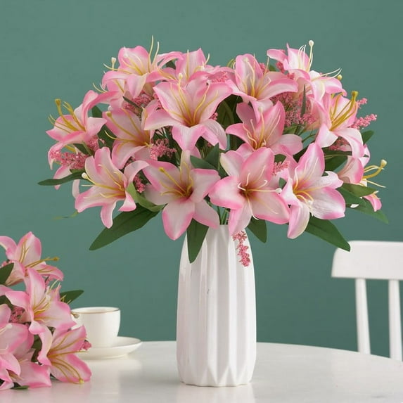 AZXY 7 Heads Artificial Flowers Clearance,Artificial Lilies,Fake Flower Bouquet,Pink Lilies Faux Flower for Cemetery Wedding Decoration