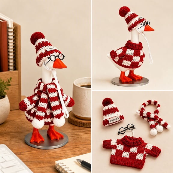 AZXY 7 Inch Desk Goose Outfit, Knitted Striped Goose Clothes Set with Hat & Glasses for Small Table Goose Statue, Holiday Goose Clothing for Indoor Desk Office Tabletop Spring Fall Decoration, Red