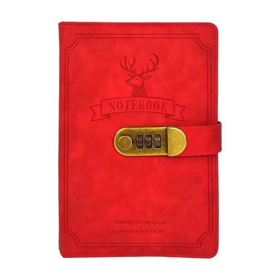 AZXY A5 Lockable Travelers Notebook, Password Secured Notepad Notebook, Deer Head Embossed Hard Cover For Back To Study, Travel, Daily, Red