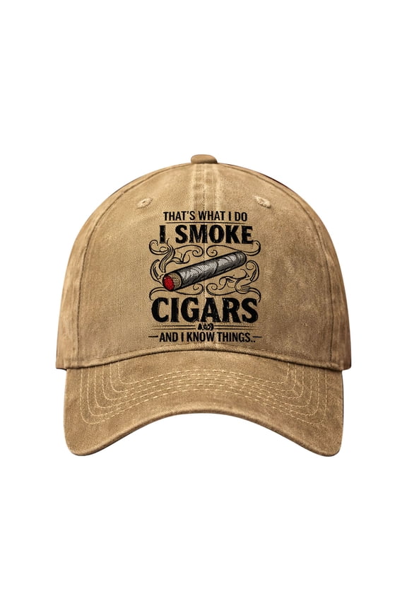 All Season Washed Curved Brim Cap with Cigar Print, Adjustable Soft Top Leisure Hat for Daily Wear, Photography and Festival Activities, Khaki