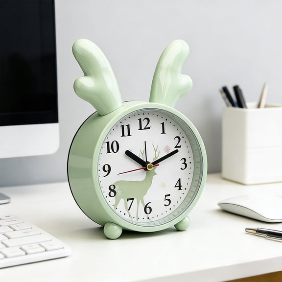 AZXY Analog Alarm Clock, Tabletop Decor Clock With Deer Antler Ornament, Non-Ticking Movement and Quiet Sweep Mechanism, for Back to School, Bedroom Nightstand, Green