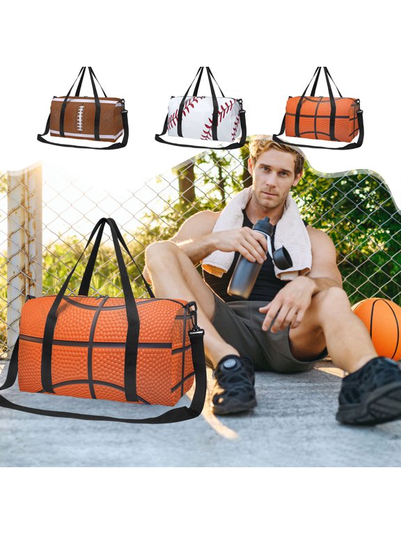 Ball Print Sports Duffel Bag, Baseball Themed Design for Gym, Weekend Getaways and Outdoor Activities, White