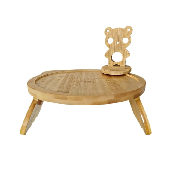 AZXY Bamboo Sofa Armrest Tray, Cute Bear Shaped Side Table Tray with Foldable Legs for Drinks, Snacks and Small Items in Living Room