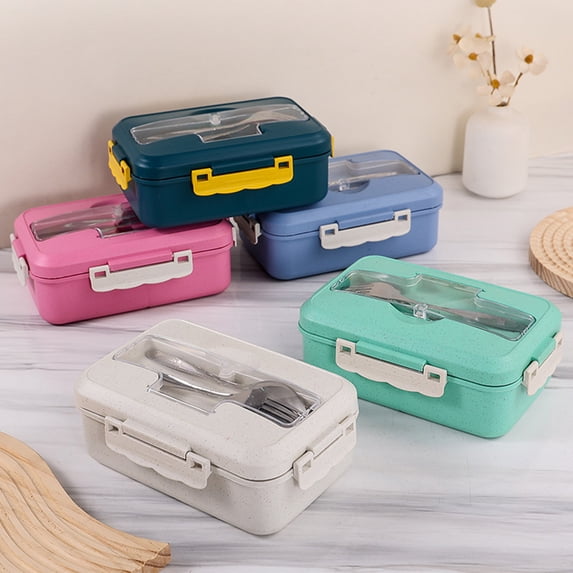 AZXY Barley Straw Bento Box, Adult Lunch Bento Box, Microwaveable Divided Food Storage Bentgo Box, Portable Sealed Container with Stainless Steel Tableware 8.26x5.51x2.95in Beige