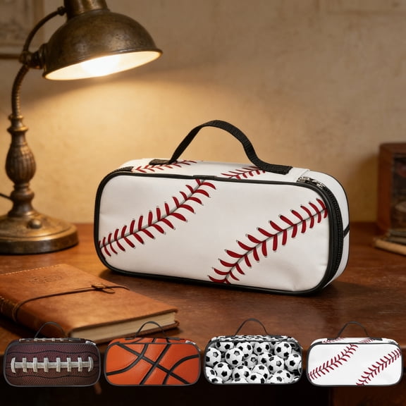 AZXY Basketball Print Pencil Pouch, Large Capacity Handheld Stationery Organizer with Handle, Durable Polyester Sports Ball Design Storage Bag for Office & Daily Use, Versatile Pen Case for Men Women