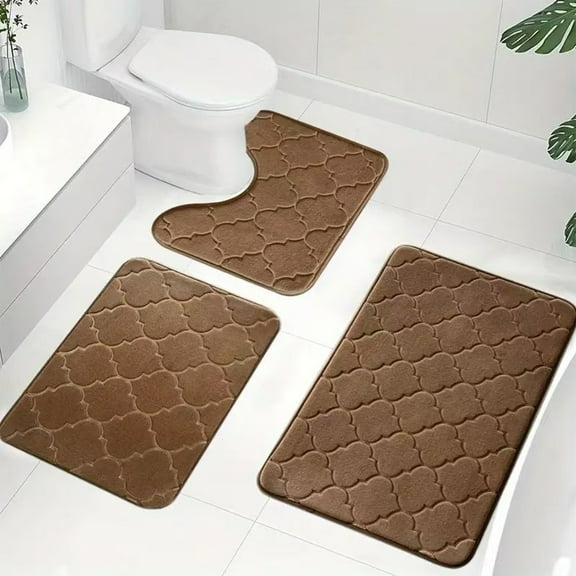 AZXY Bathroom Mats Set Of 3,Bathroom Rug Sets Clearance,U Shape Non Slip Washable Bath Rug Sets,Bath Mat Set Brown