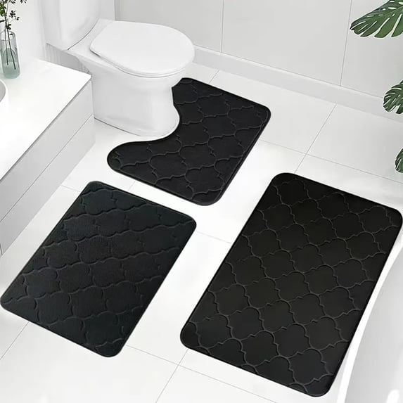 AZXY Bathroom Rug Set 3 Pc,Bath Mat Set Black,Bath Rugs Clearance,Washable Quick Dry Absorbent Fannel Bathroom Mats and Rugs Sets U Shape