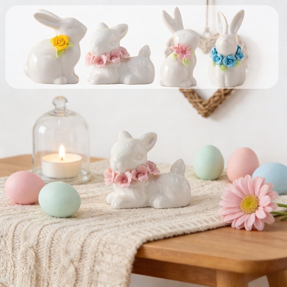 AZXY Blue Floral Ceramic Easter Bunny Ornaments, Cute Rabbit Figurines - Versatile Spring Tabletop Decor & Delightful Gift for Home, Party & Holiday Celebrations