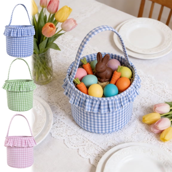 AZXY Blue Gingham Easter Basket 9"x10", Empty Easter Gift Basket for Kids Girls Boys, Reusable Storage Gifting Basket for Easter Candy Egg Hunting