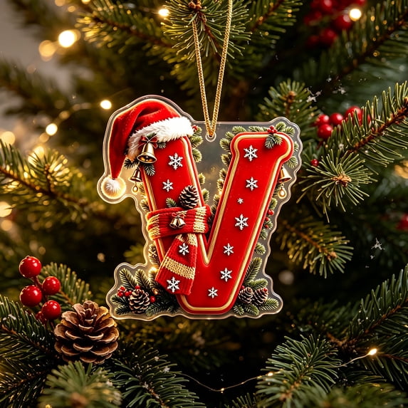 AZXY Christmas Letter Ornament, Acrylic Hanging Pendant Xmas Alphabet for Christmas Initial Ornament, Christmas Tree Decoration Hanging Pendant Xmas Gifts for Family (V)