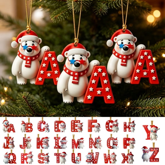 AZXY Christmas Hanging Ornament,J Monogram Initial Alphabet Acrylic Christmas Tree Ornament with Polar Bear,Personalized Custom Xmas Hanging Decor for Christmas Tree,Indoor Home Christmas Decor