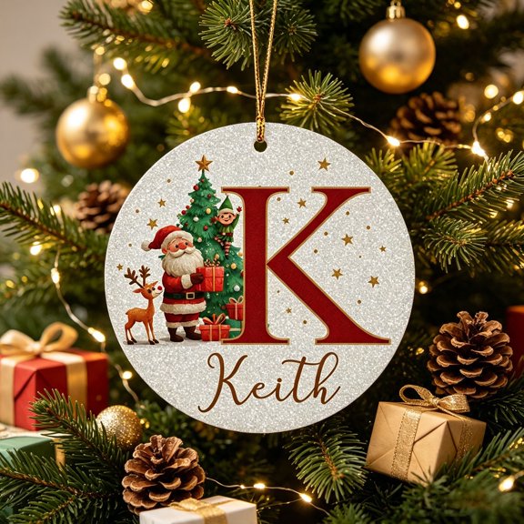 AZXY Christmas Hanging Ornament,K Monogram Initial Round Acrylic Christmas Tree Ornament with Santa,Personalized Custom Xmas Hanging Decor for Christmas Tree,Indoor Home Christmas Decor