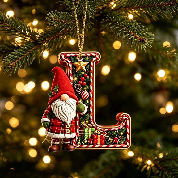 AZXY Christmas Hanging Ornament,L Monogram Initial Alphabet Acrylic Christmas Tree Ornament with Gnome and Kitten,Personalized Custom Xmas Hanging Decor for Christmas Tree,Indoor Home Christmas Decor