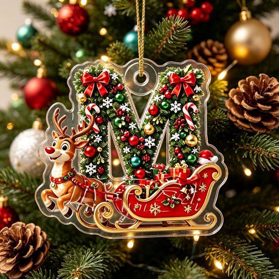AZXY Christmas Hanging Ornament,M Monogram Initial Alphabet Acrylic Christmas Tree Ornament with Reindeer & Sleigh,Personalized Custom Xmas Hanging Decor for Christmas Tree,Indoor Christmas Decor