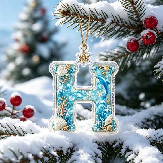 AZXY Christmas Ocean Themed Letter Acrylic Hanging Ornament, Seaside Snowflake Alphabet Pendant, Home Christmas Decorations, Personalized Holiday Keepsake for Xmas Tree Wreath Window, H