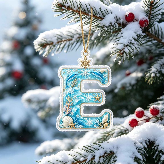 AZXY Christmas Ocean Themed Letter Acrylic Hanging Ornament, Seaside Snowflake Alphabet Pendant, Home Christmas Decorations, Personalized Holiday Keepsake for Xmas Tree Wreath Window, E