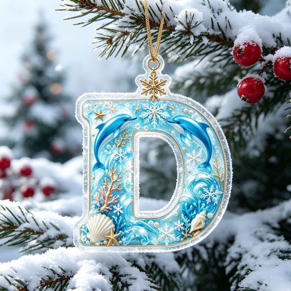 AZXY Christmas Ocean Themed Letter Acrylic Hanging Ornament, Seaside Snowflake Alphabet Pendant, Home Christmas Decorations, Personalized Holiday Keepsake for Xmas Tree Wreath Window, D