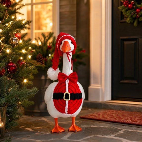 AZXY Christmas Porch Goose Outfit, 23" Santa‑Style Goose Clothes Dress Set, Goose Clothing & Goose Cloth for Cement Plastic Duck Goose Statue, Winter Xmas Outdoor Decor for Yard Lawn Garden