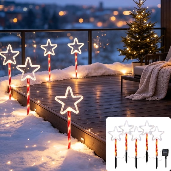 AZXY Christmas Solar Stake Lights, 5-Pack Star LED Pathway Lights, 6.56 FT Length Waterproof Auto On Off Solar Christmas Decorations, Outdoor Garden Landscape Lighting for Lawn Patio Walkway Yard