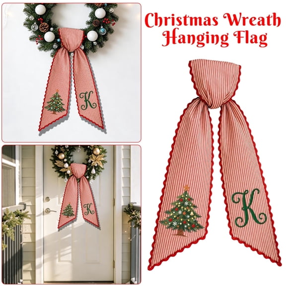 AZXY Christmas Wreath Fabric Bow, Monogram Embroidered Large Fabric Decorative Bow, Seasonal Christmas Decorations, Fabric Bow For Front Door Porch Mantel Wall Holiday Party