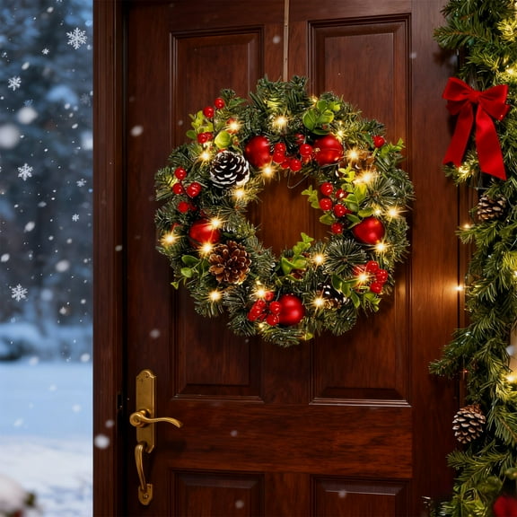 AZXY Christmas Wreaths, 15.75 IN Christmas Wreaths for Front Door, Christmas Door Wreaths, Christmas Outdoor Wreaths, Christmas Decorations Wreaths with Lights for Christmas