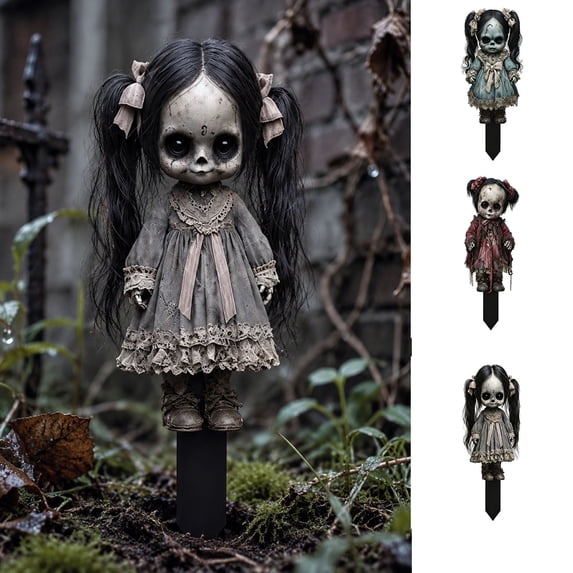 AZXY Creepy Doll Halloween Garden Stakes, Spooky Gothic Zombie Girl Yard Signs, Outdoor Halloween Decorations for Lawn, Patio, Graveyard, Spooky Castle Party Decor