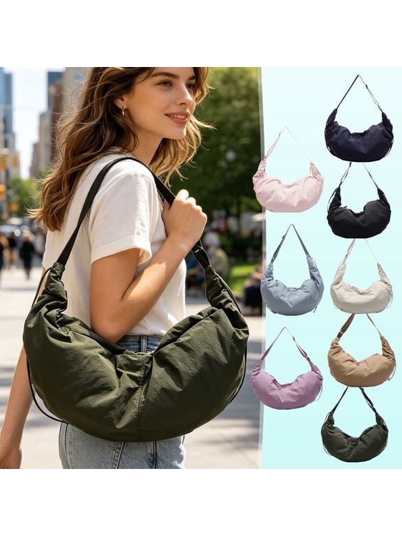 Crescent Dumpling Crossbody Bag, Pleated Adjustable Shoulder Design, Large Capacity Neutral Style for Daily Commute and Casual Gathering, Khaki