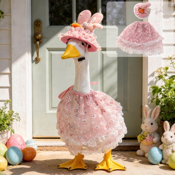 AZXY Cute & Durable Easter Porch Goose Outfit for 23" Cement Concrete Statue, Pink Tulle Bunny Skirt with Plush Bunny Hat, Front Porch Goose Clothes for Outdoor Patio Lawn Garden Decor