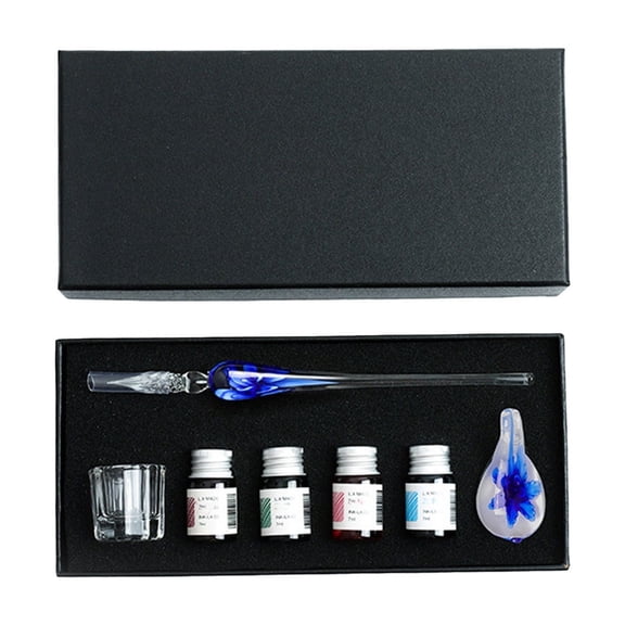AZXY Deep Blue Flower Glass Dip Pen Set, Elegant Writing Set with 4 Inks, Pen Rest & Cleaning Cup, Premium Glass Pen for Calligraphy, Journaling & Gifting
