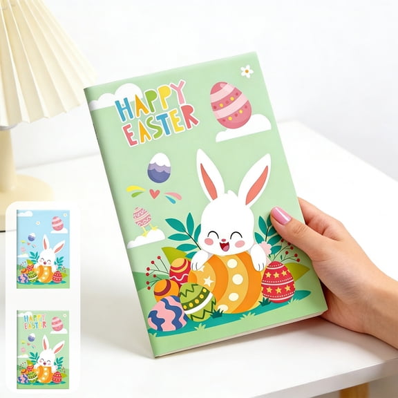 AZXY Easter A5 Stitched Notebook, 8.07" x 5.31" Ruled Notebook for Students & Office, "Happy Easter" Bunny & Egg Cartoon Design, Easter Basket Stuffer, Spring Journal, Ideal Easter Gift, Green