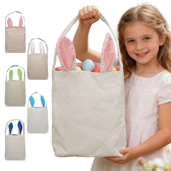 AZXY Easter Basket for Kids, Canvas Bunny Ears Egg Hunt Bucket with Handle, Large Foldable Storage for Easter Party Favors & Gifts (12 Inches)