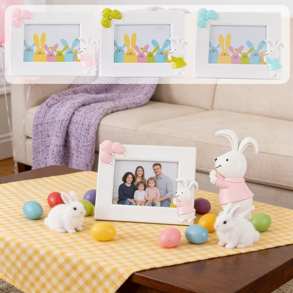 AZXY Easter Bunny 7-inch Photo Frame Figurine, Spring and Holiday Tabletop Decor with Hemp Rope for Wall or Shelf Display