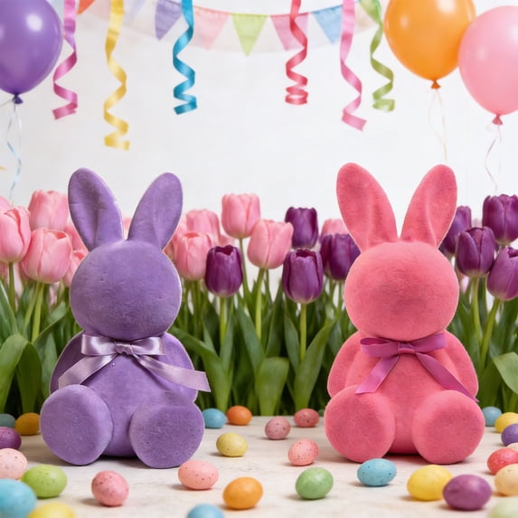AZXY Easter Bunny Decorations, 12.2" Large Pink Flocked Rabbit Figurine with Purple Bow, Cute Tabletop Decor for Home Office Indoor Party, Festive Holiday Ornament Gift for Spring Decor